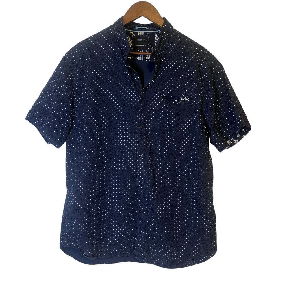 Denim & Flower Shirt- Dark blue with white dots and floral accents-Size XL